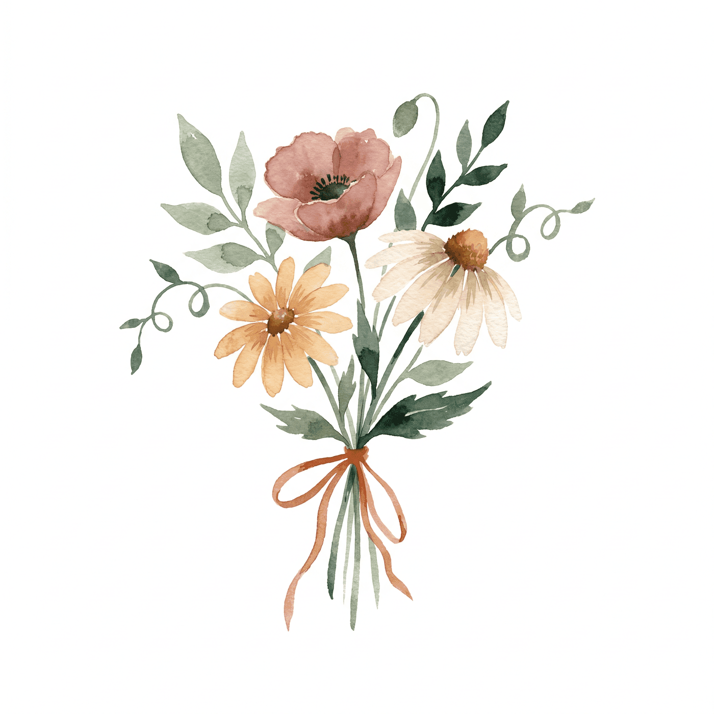Aquarell: ein kleiner Strauß Wildblumen, mit einem Terracotta-Band gebunden
