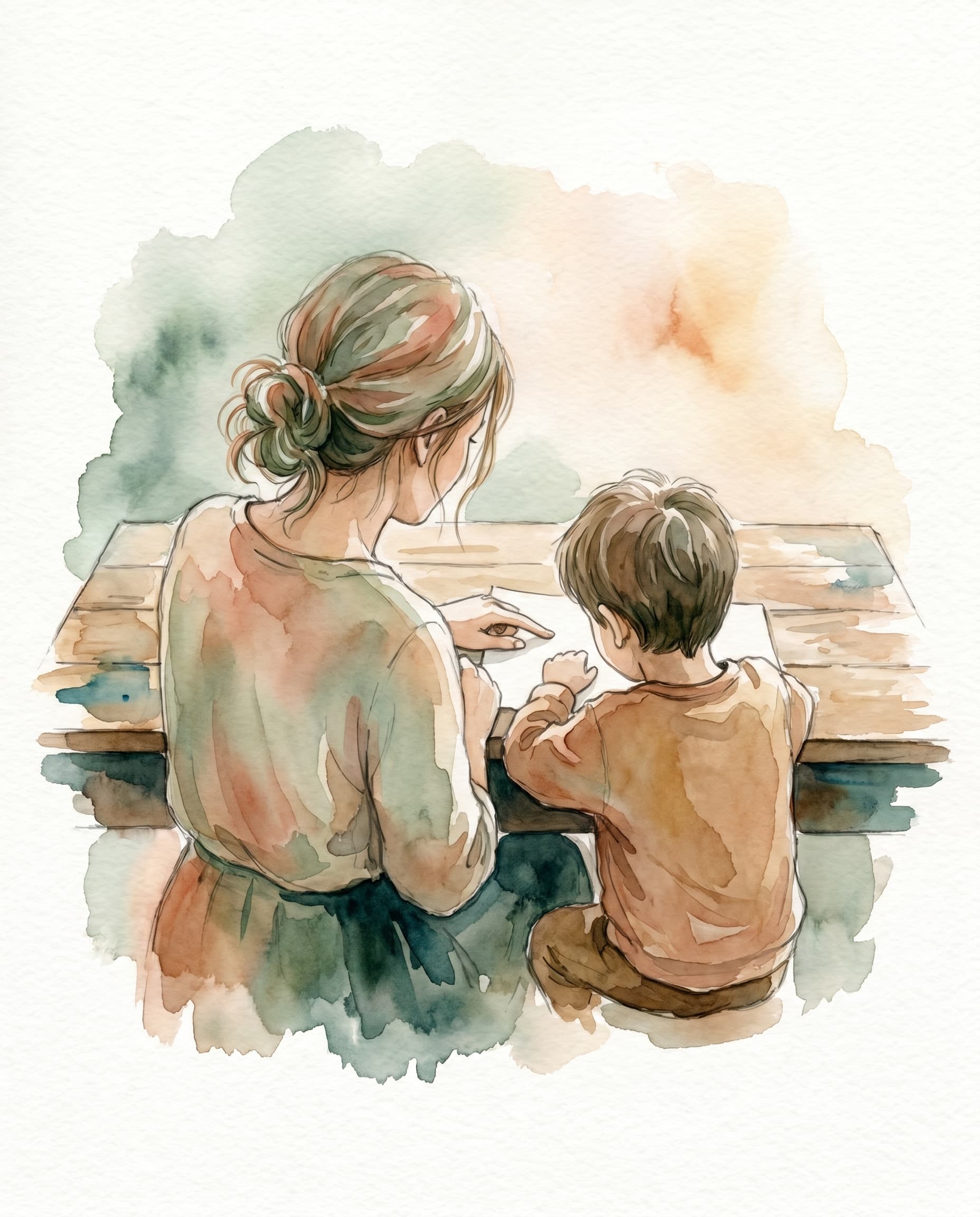 Aquarell: eine Frau und ein Kind sitzen nebeneinander am Tisch und schauen gemeinsam auf ein Blatt Papier