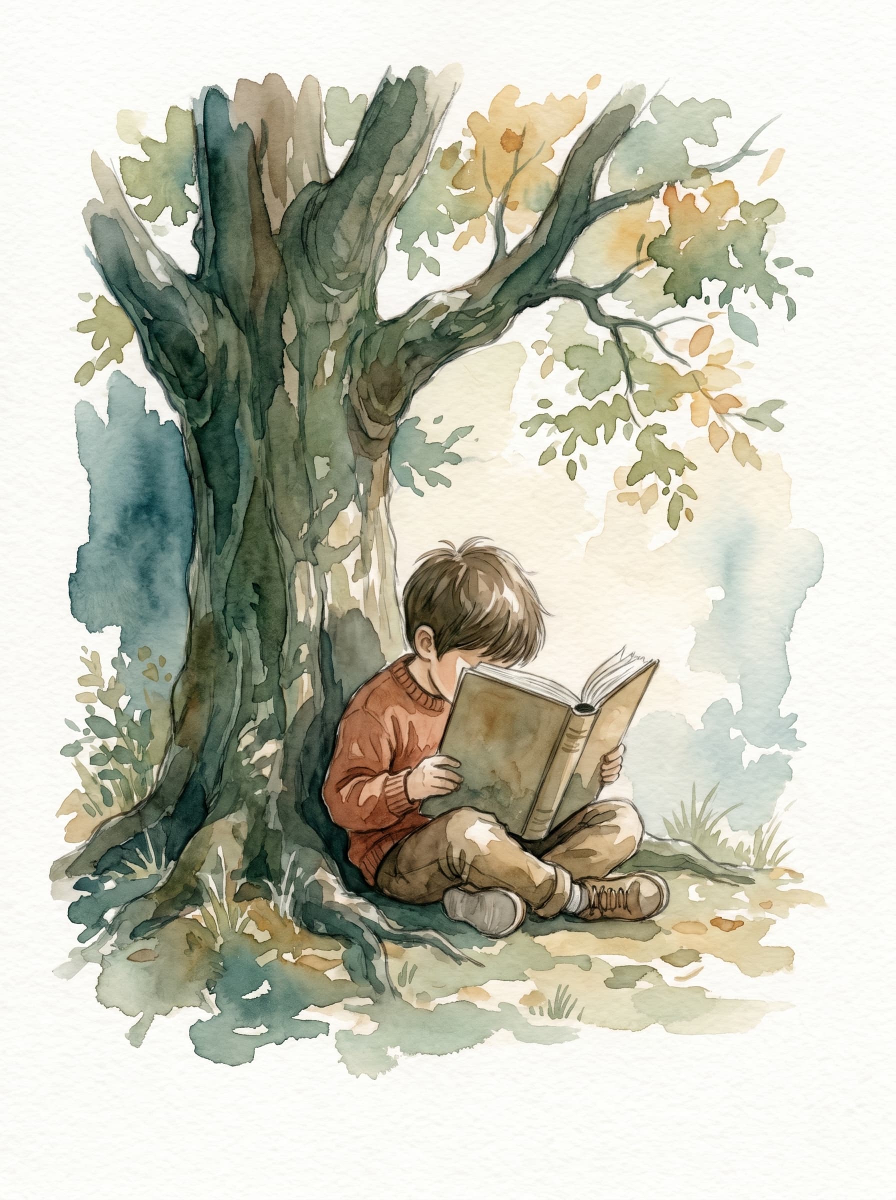 Aquarell: ein Kind sitzt unter einem großen Baum, vertieft in ein dickes Buch