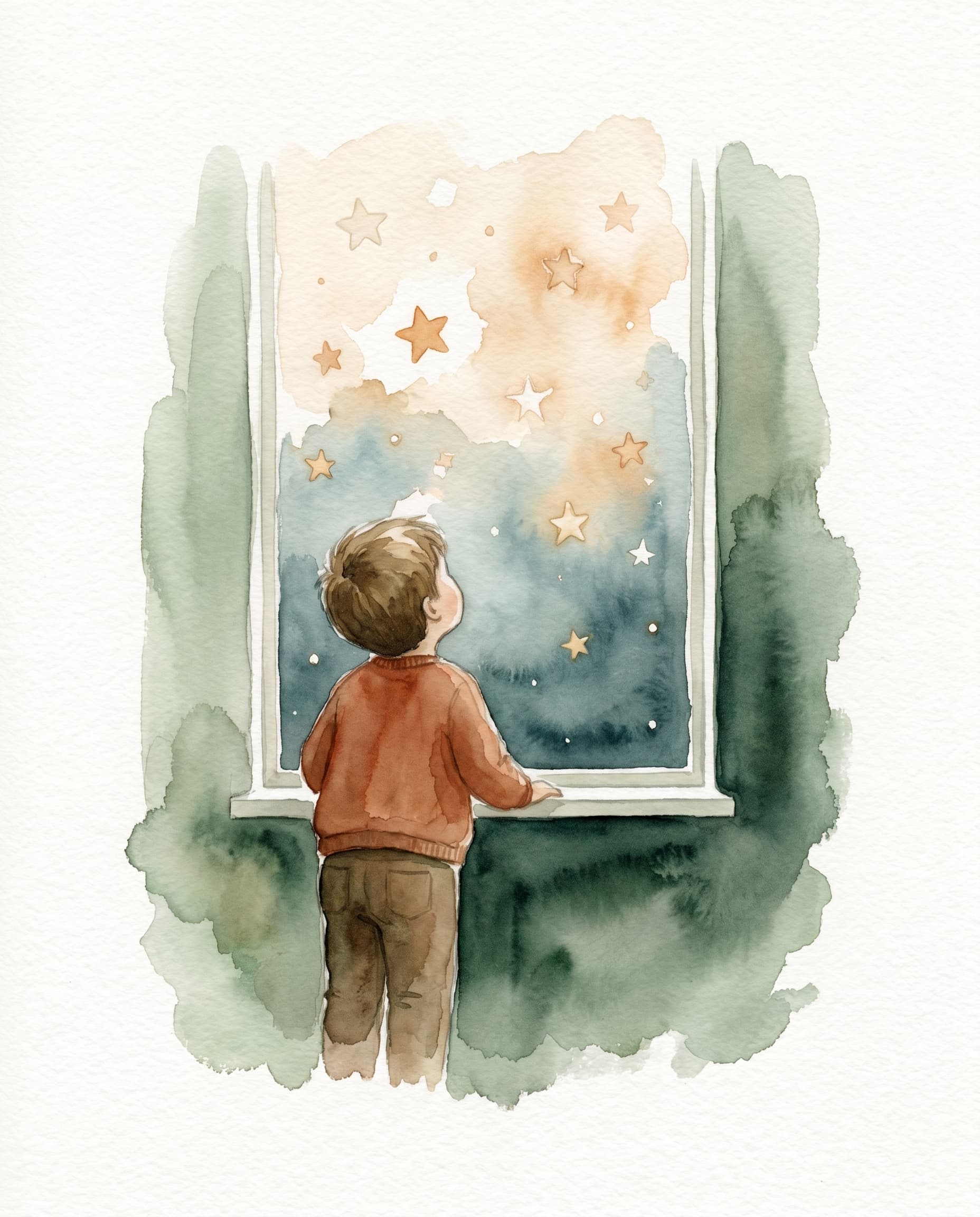 Aquarell: ein Kind steht am Fenster und schaut in einen Abendhimmel voller Sterne