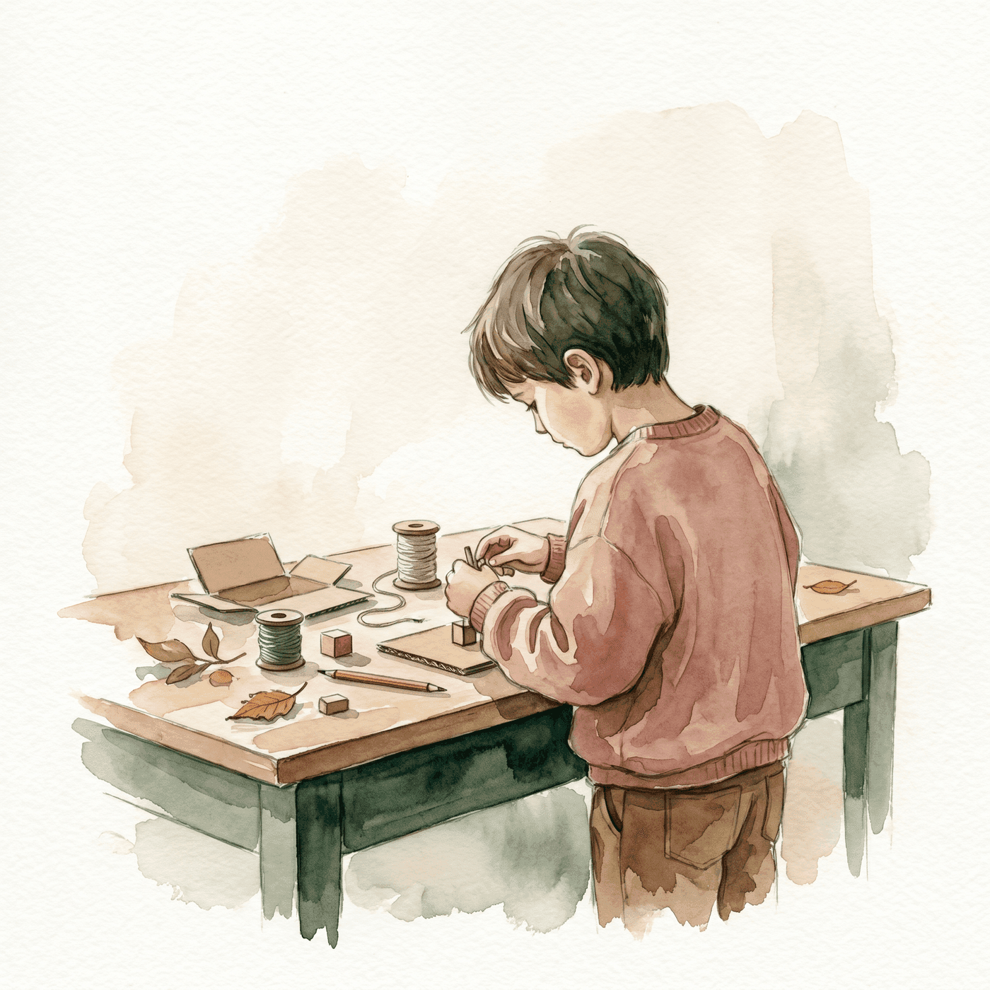 Aquarell: ein Kind steht an einer Werkbank und baut konzentriert an einer eigenen Erfindung